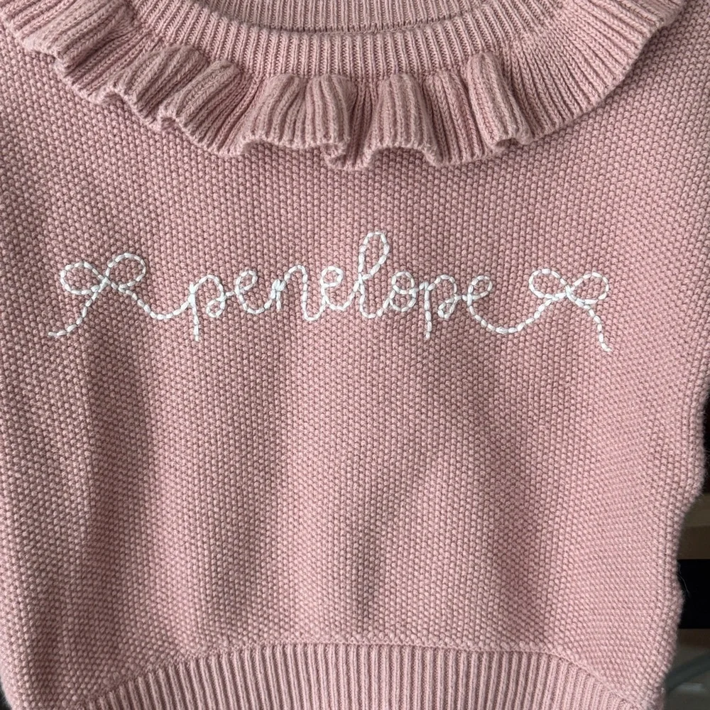 Penelope embroidered sweater monogrammed knit blush pink baby girl bows cotton
